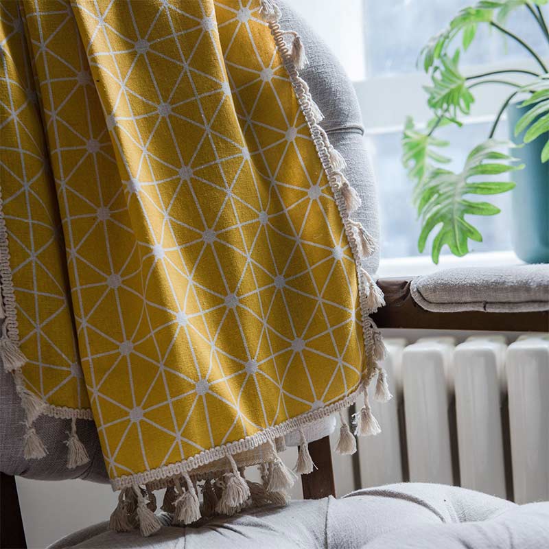 Yellow Plaid Translucent Curtains with Tassels