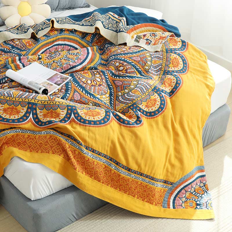 Bohemian Reversible Yellow Flower Summer Quilt