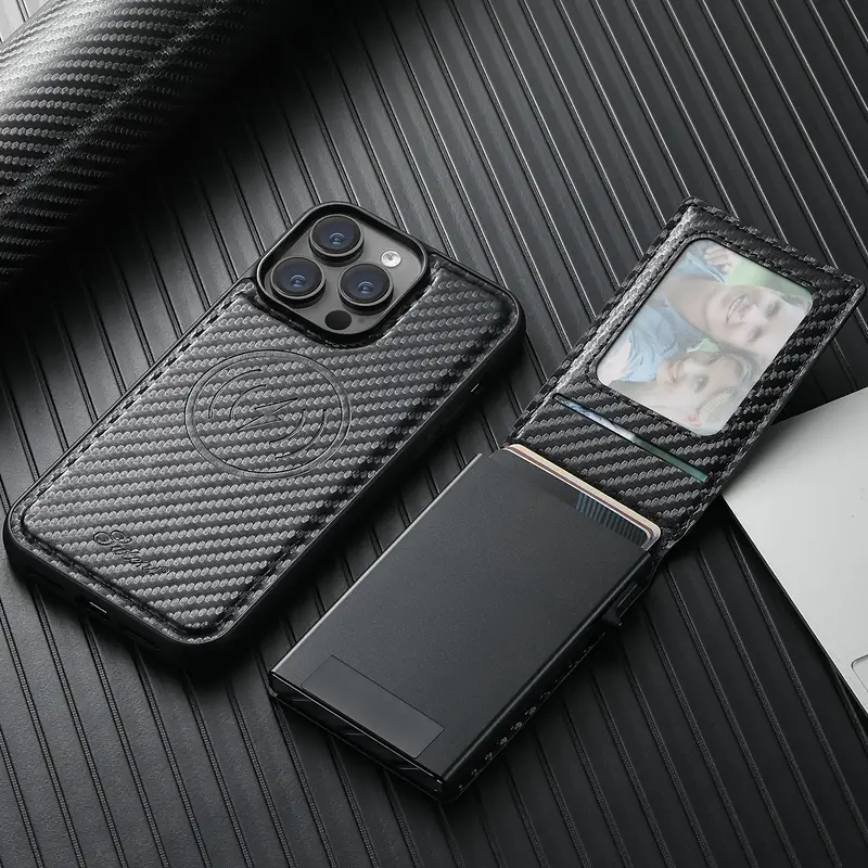Suteni 2 in 1 leather button automatic pop-up card box card detachable magnetic case
