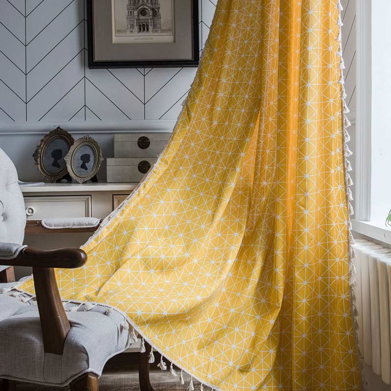 Yellow Plaid Translucent Curtains with Tassels