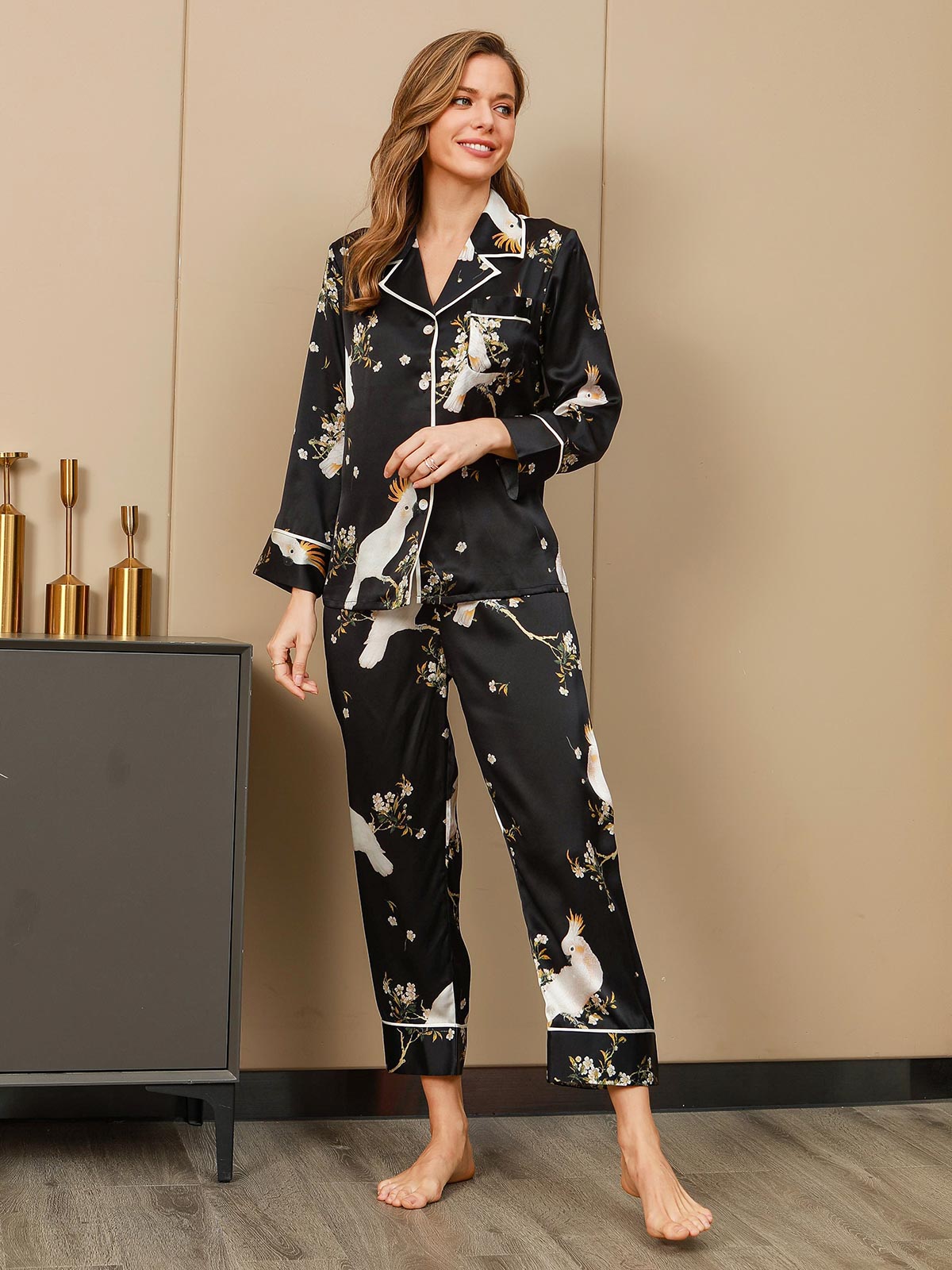 Women's Pure Silk Floral Print Long Sleeve Pajamas Set With Pants