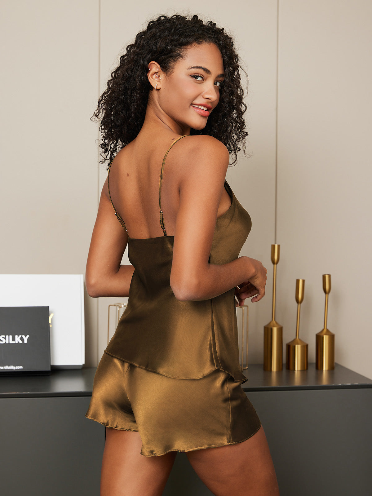 Pure Silk Spaghetti Strap V Neck Above the Knee Camisole Set