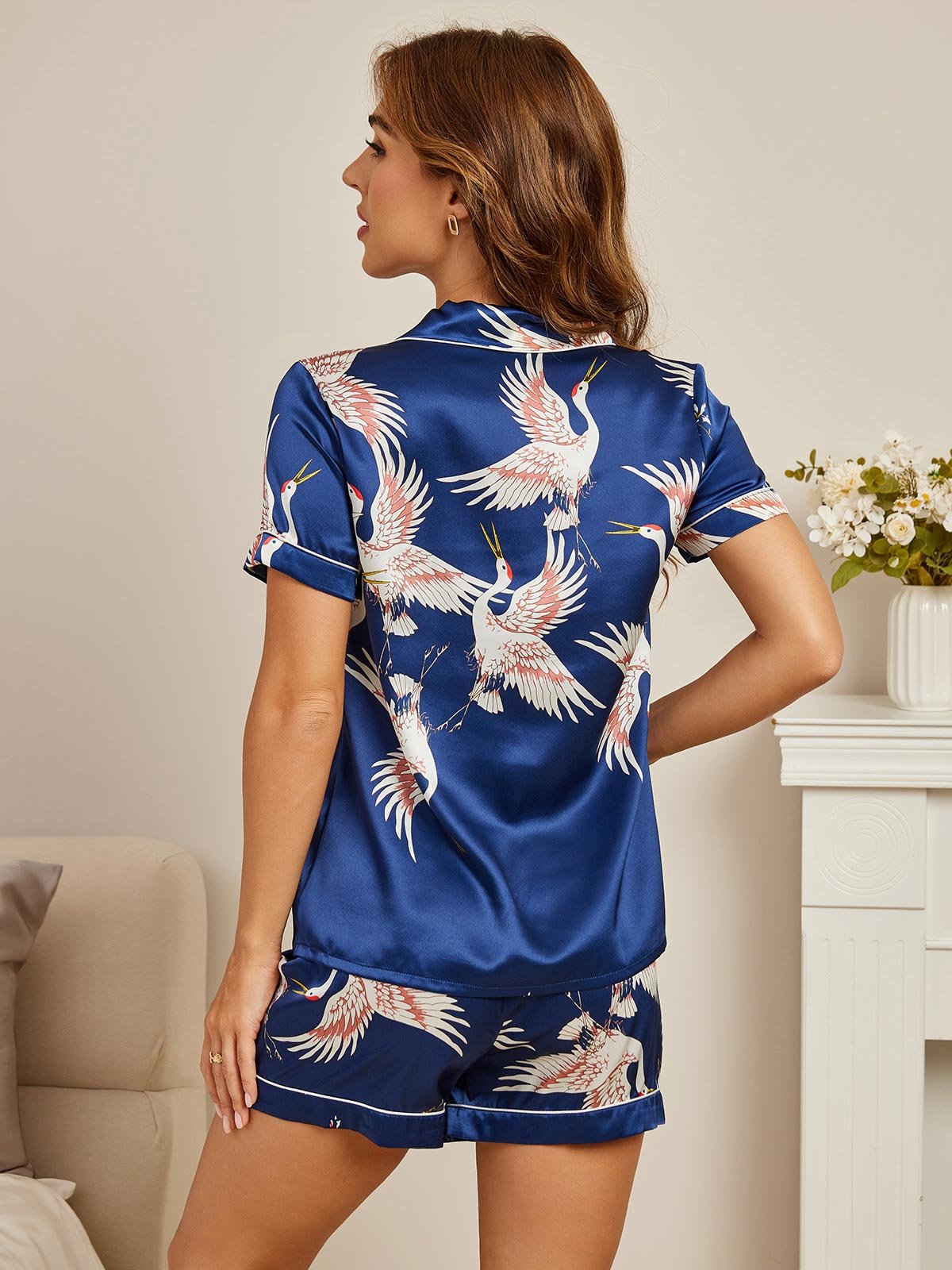 19Momme Women's Pure Silk Crane Print Short Sleeve Pajamas Set