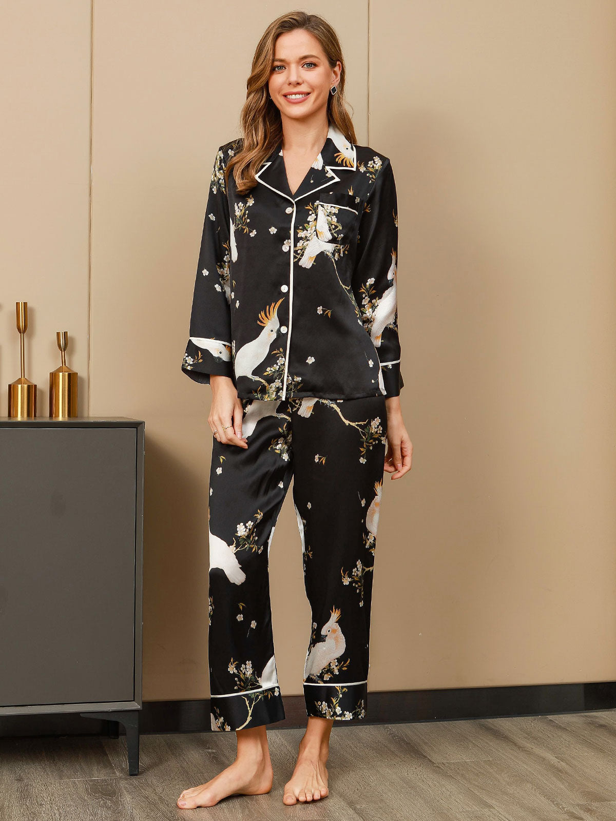 Women's Pure Silk Floral Print Long Sleeve Pajamas Set With Pants
