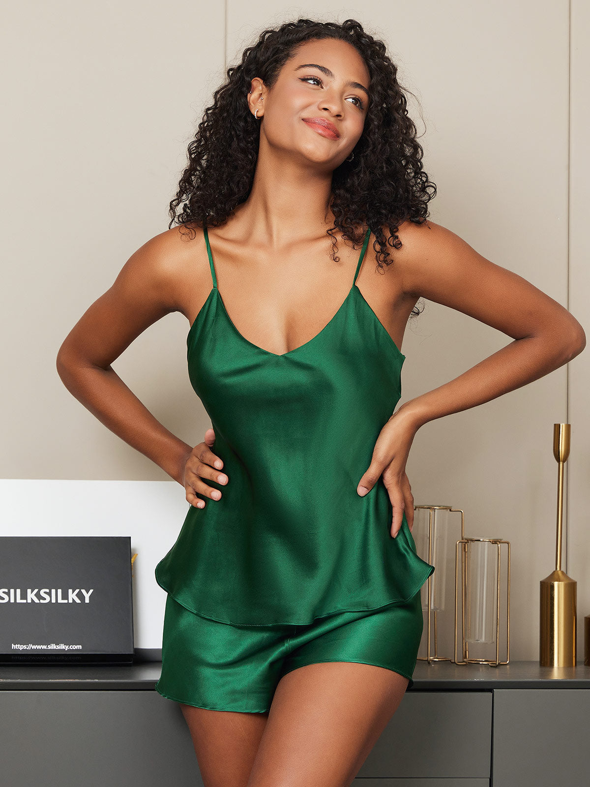 Pure Silk Spaghetti Strap V Neck Above the Knee Camisole Set