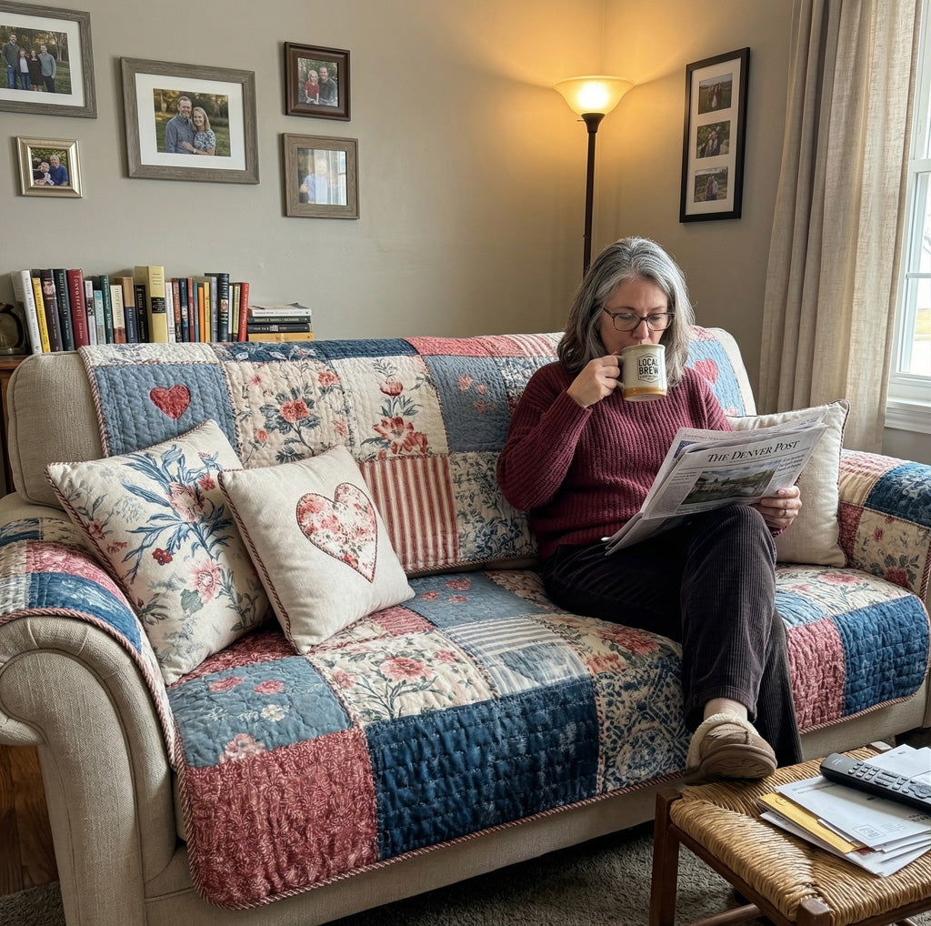 Cottage Charm Heart Quilted Sofa Cover