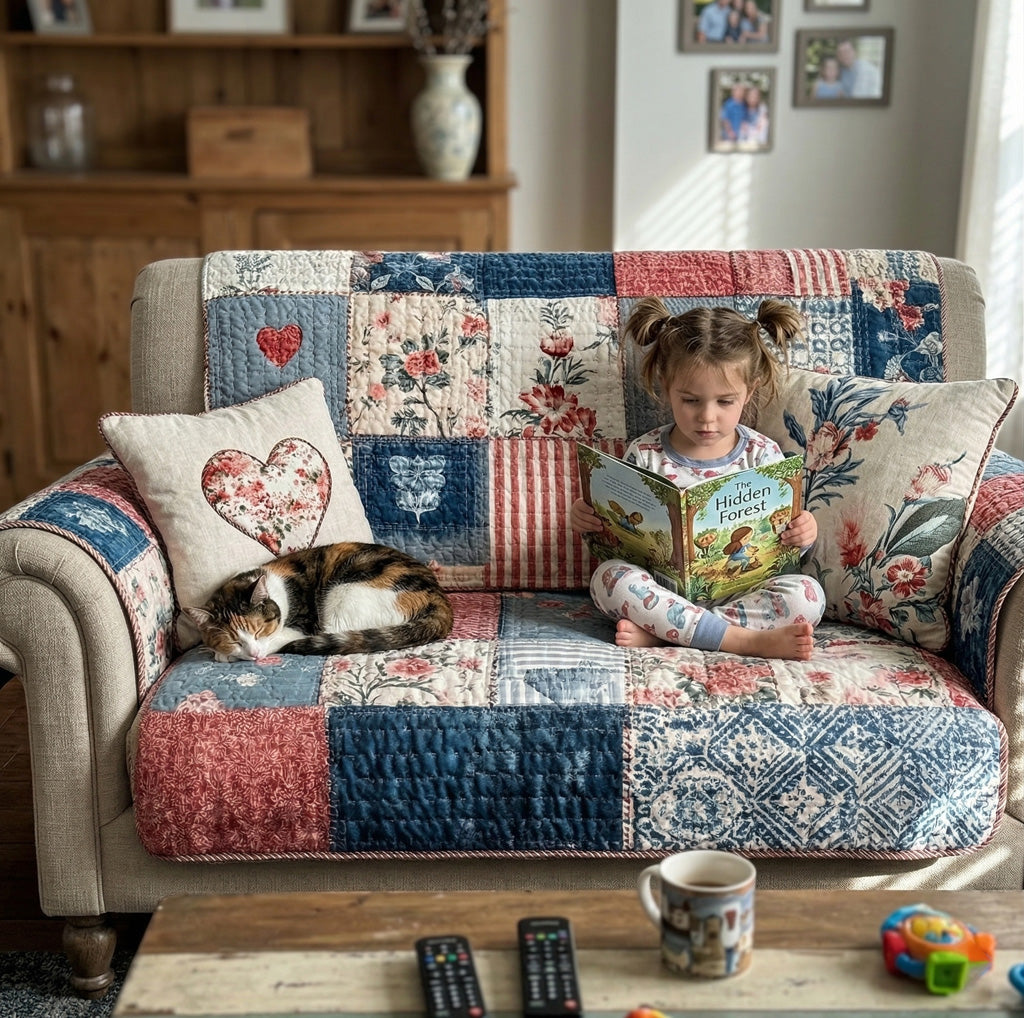 Cottage Charm Heart Quilted Sofa Cover