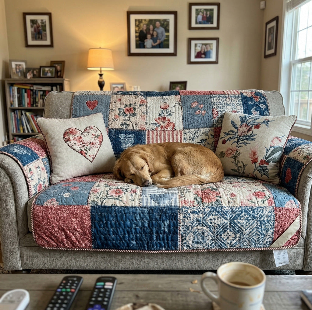 Cottage Charm Heart Quilted Sofa Cover
