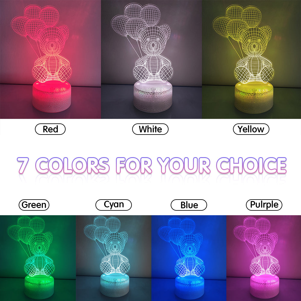 Bear with Balloons - 3D Illusion Night Light - 7 Colors