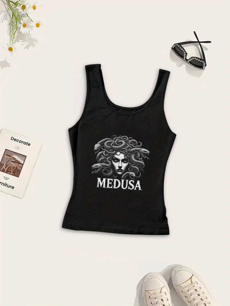 Women's Stylish Black Geometric Medusa Tank Top