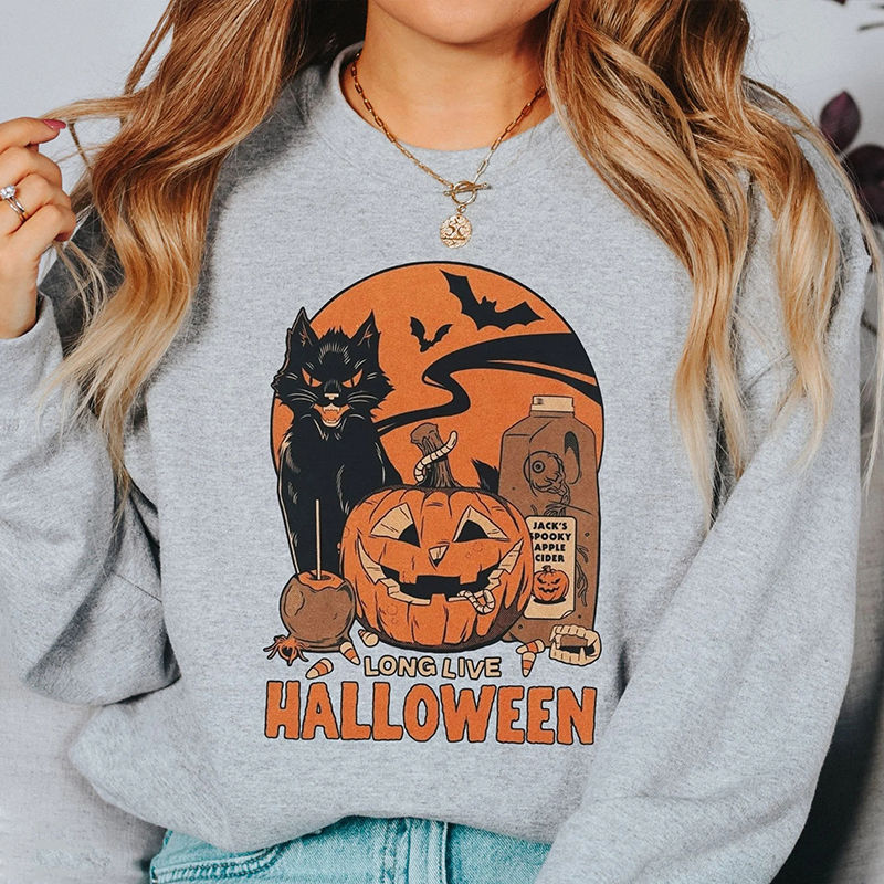 Retro Halloween Pumpkin Black Cat Sweatshirt