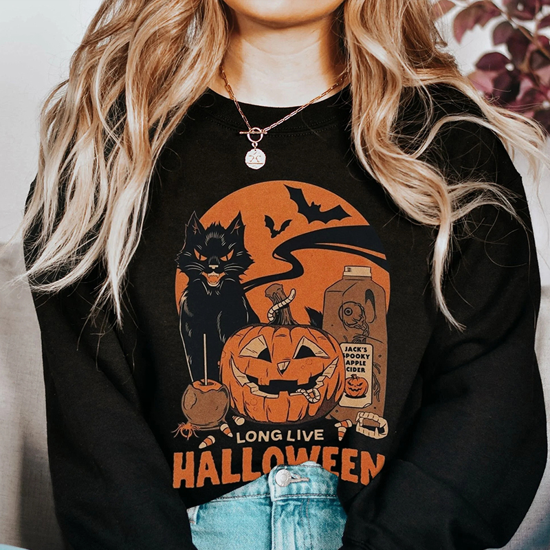 Retro Halloween Pumpkin Black Cat Sweatshirt