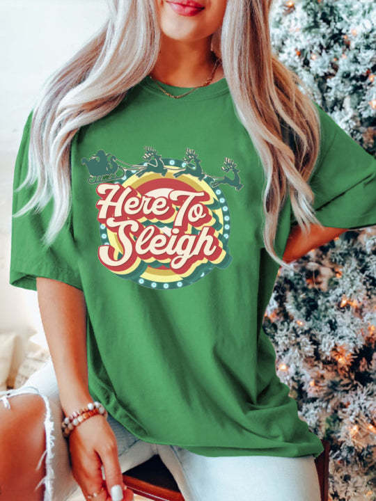 Oversized Retro Here To Sleigh Preppy Christmas T-Shirt-lovefitte