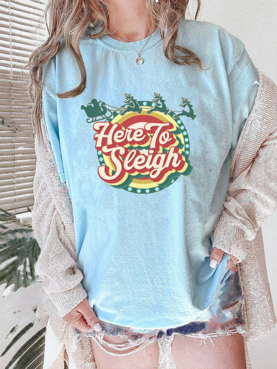Oversized Retro Here To Sleigh Preppy Christmas T-Shirt-lovefitte