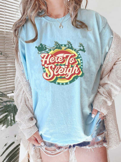 Oversized Retro Here To Sleigh Preppy Christmas T-Shirt-lovefitte