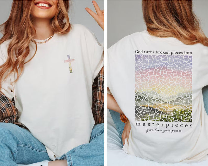 God Turns Broken Pieces Into Masterpieces T-shirt-lovefitte