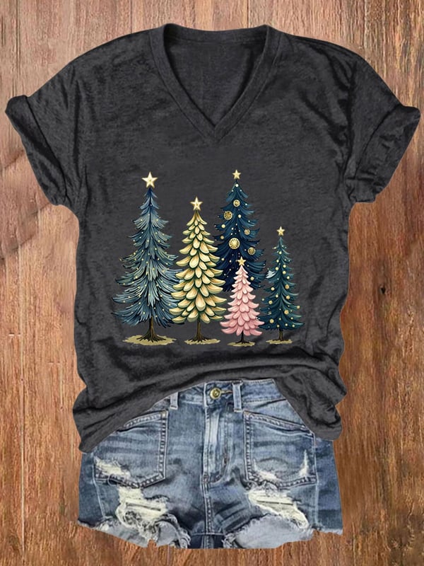 Women's Casual Beautiful Watercolor Christmas Trees Printed Short Sleeve T-Shirt-lovefitte