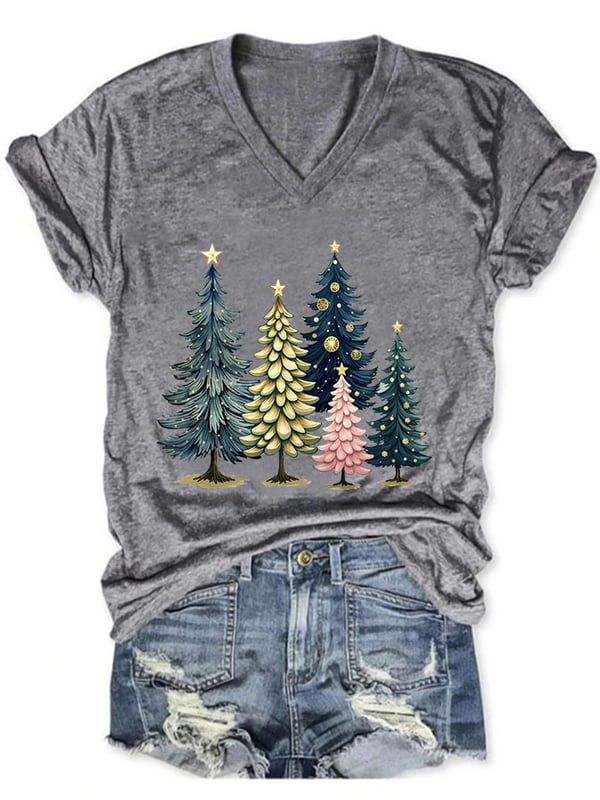 Women's Casual Beautiful Watercolor Christmas Trees Printed Short Sleeve T-Shirt-lovefitte