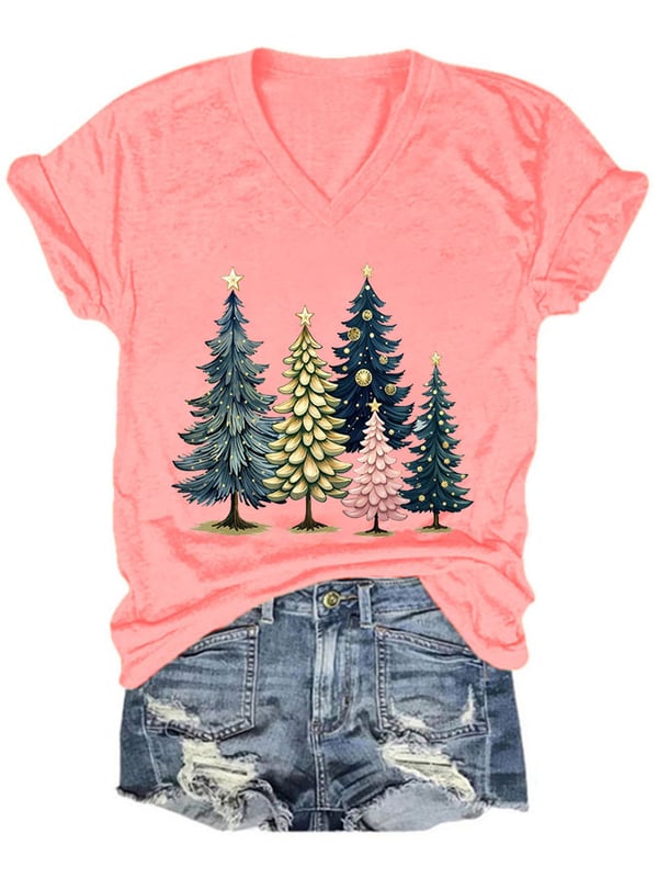 Women's Casual Beautiful Watercolor Christmas Trees Printed Short Sleeve T-Shirt-lovefitte