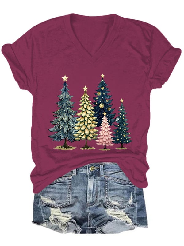 Women's Casual Beautiful Watercolor Christmas Trees Printed Short Sleeve T-Shirt-lovefitte