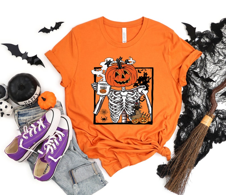 Pumpkin Skeleton Drinking Coffee Shirt