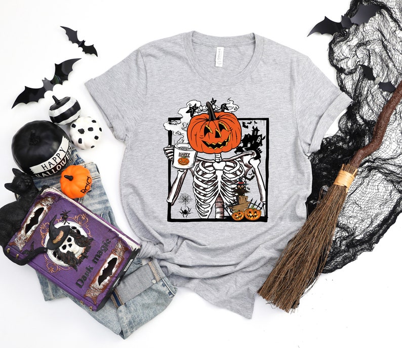 Pumpkin Skeleton Drinking Coffee Shirt