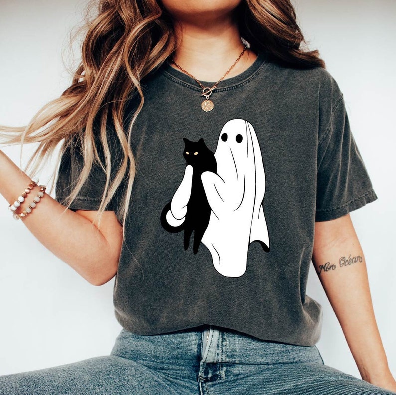 Ghost Holding Black Cat Halloween Shirt