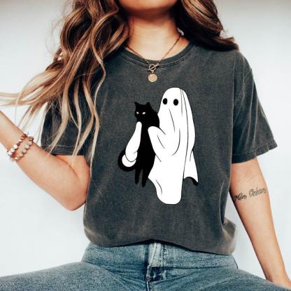 Ghost Holding Black Cat Halloween Shirt