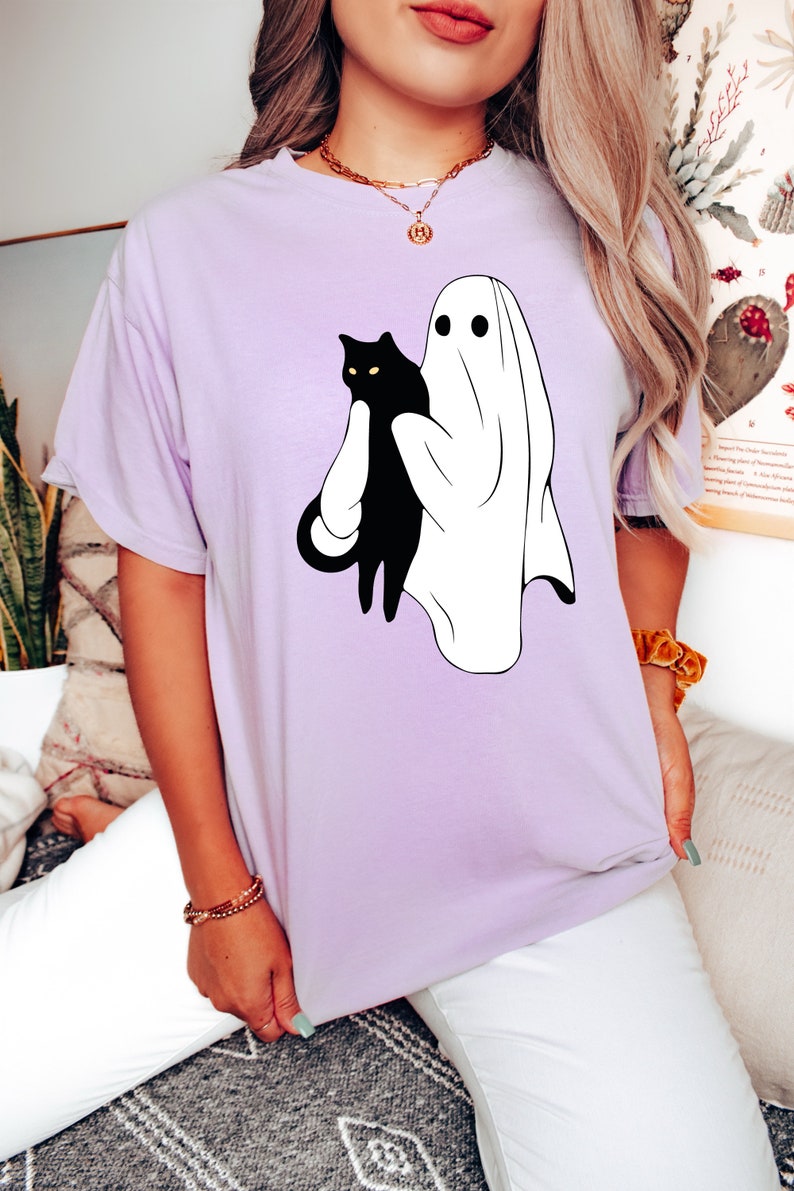 Ghost Holding Black Cat Halloween Shirt