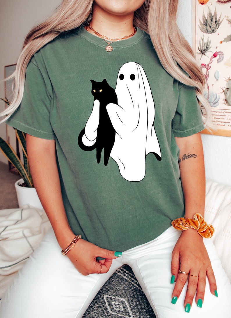 Ghost Holding Black Cat Halloween Shirt
