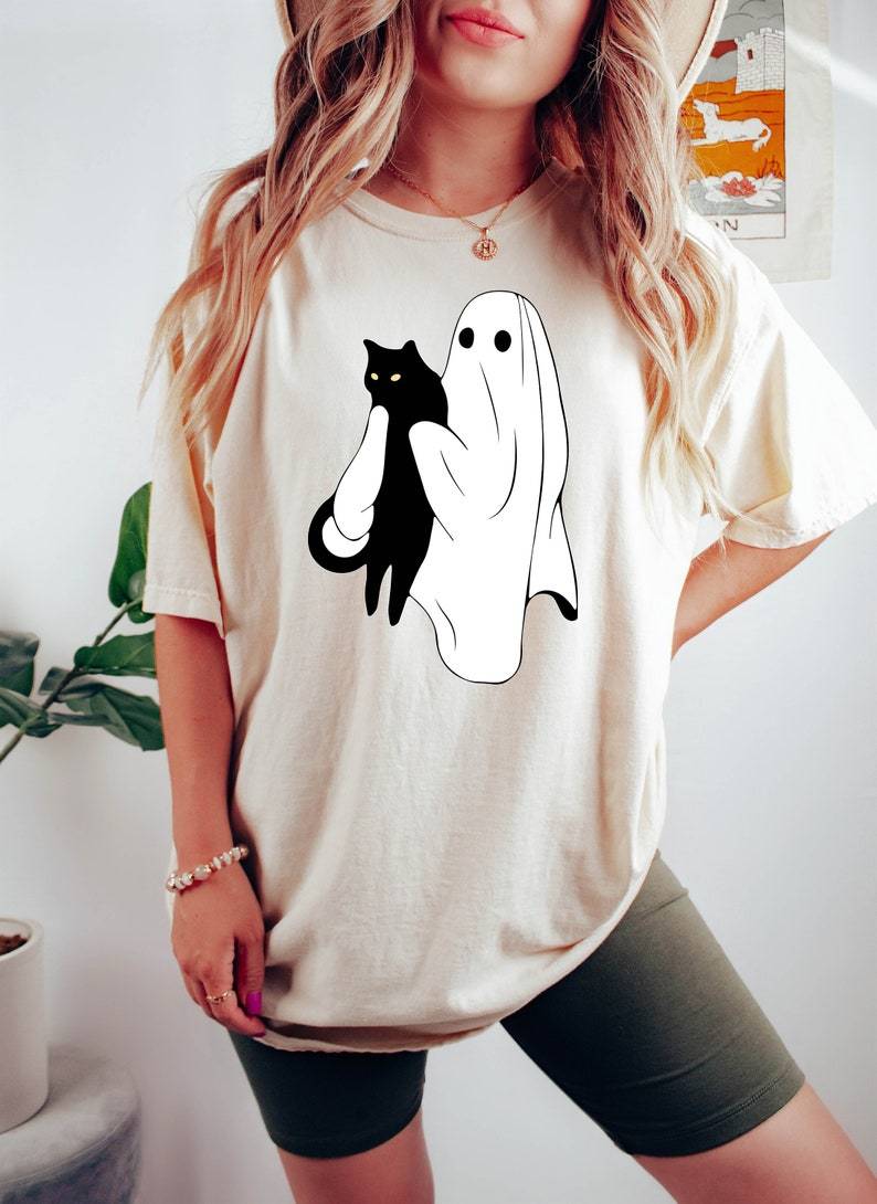 Ghost Holding Black Cat Halloween Shirt