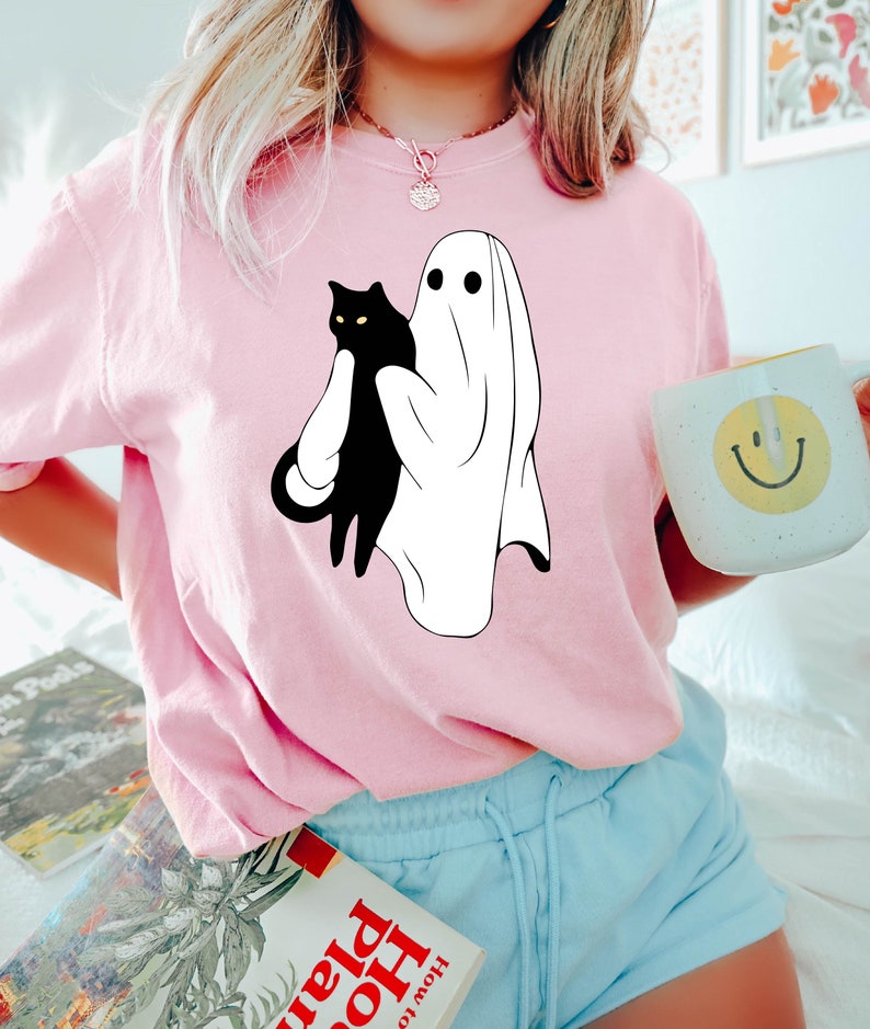 Ghost Holding Black Cat Halloween Shirt