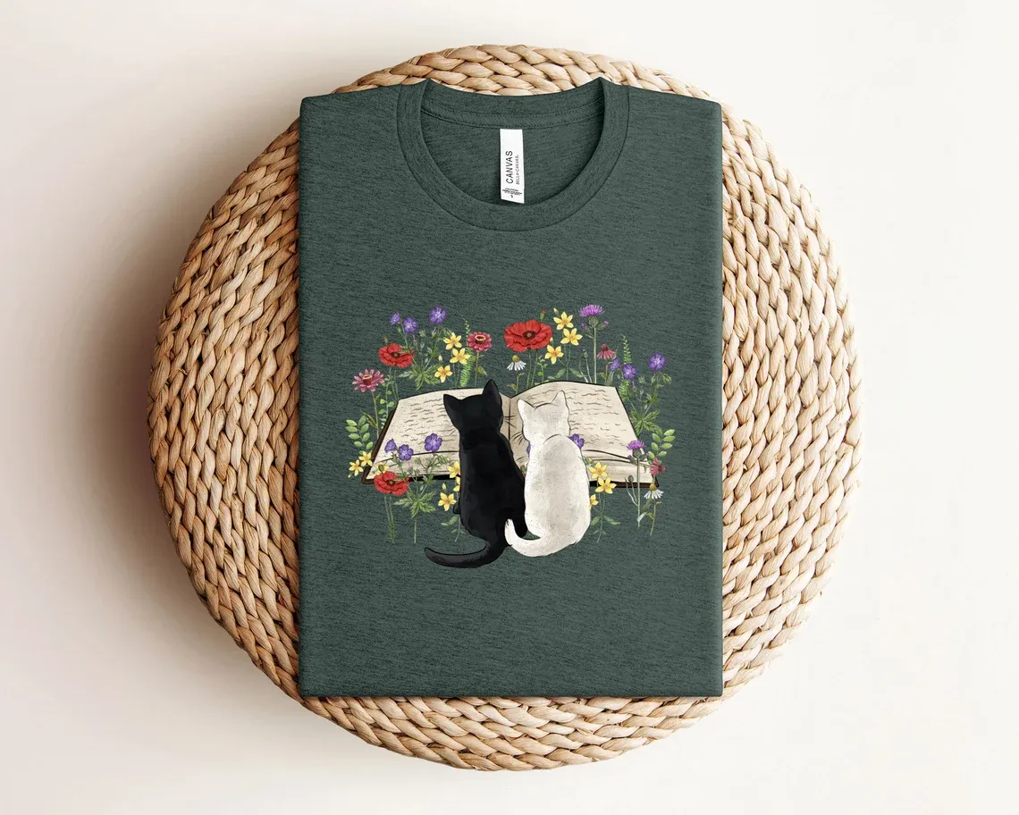 Floral Cat Book T-Shirt