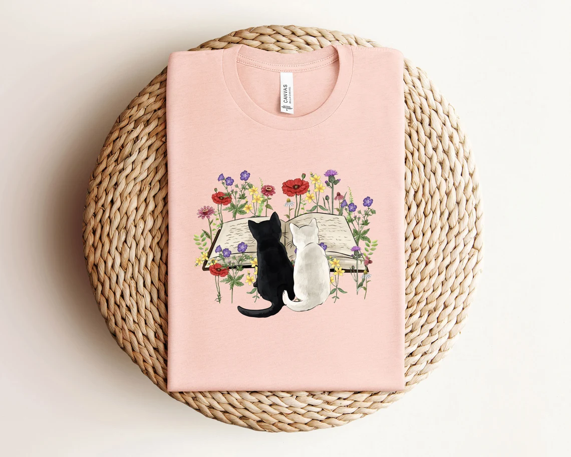 Floral Cat Book T-Shirt