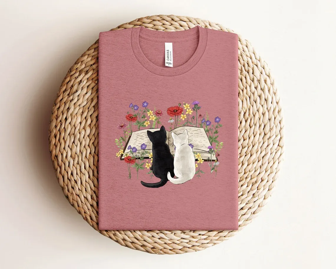 Floral Cat Book T-Shirt