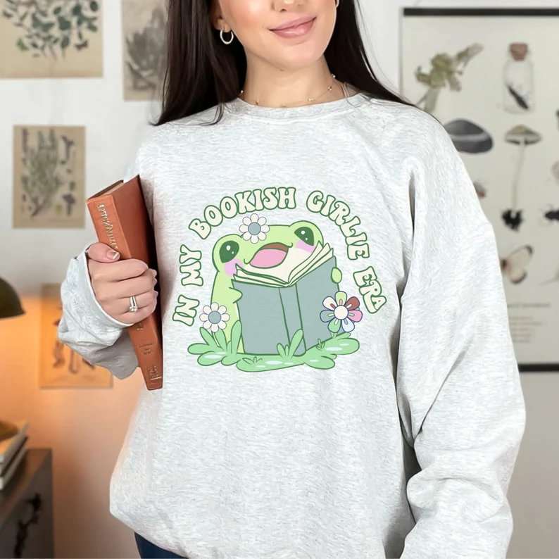 In My Bookish Girlie Era Trendy Crewneck Frog Sweatshir