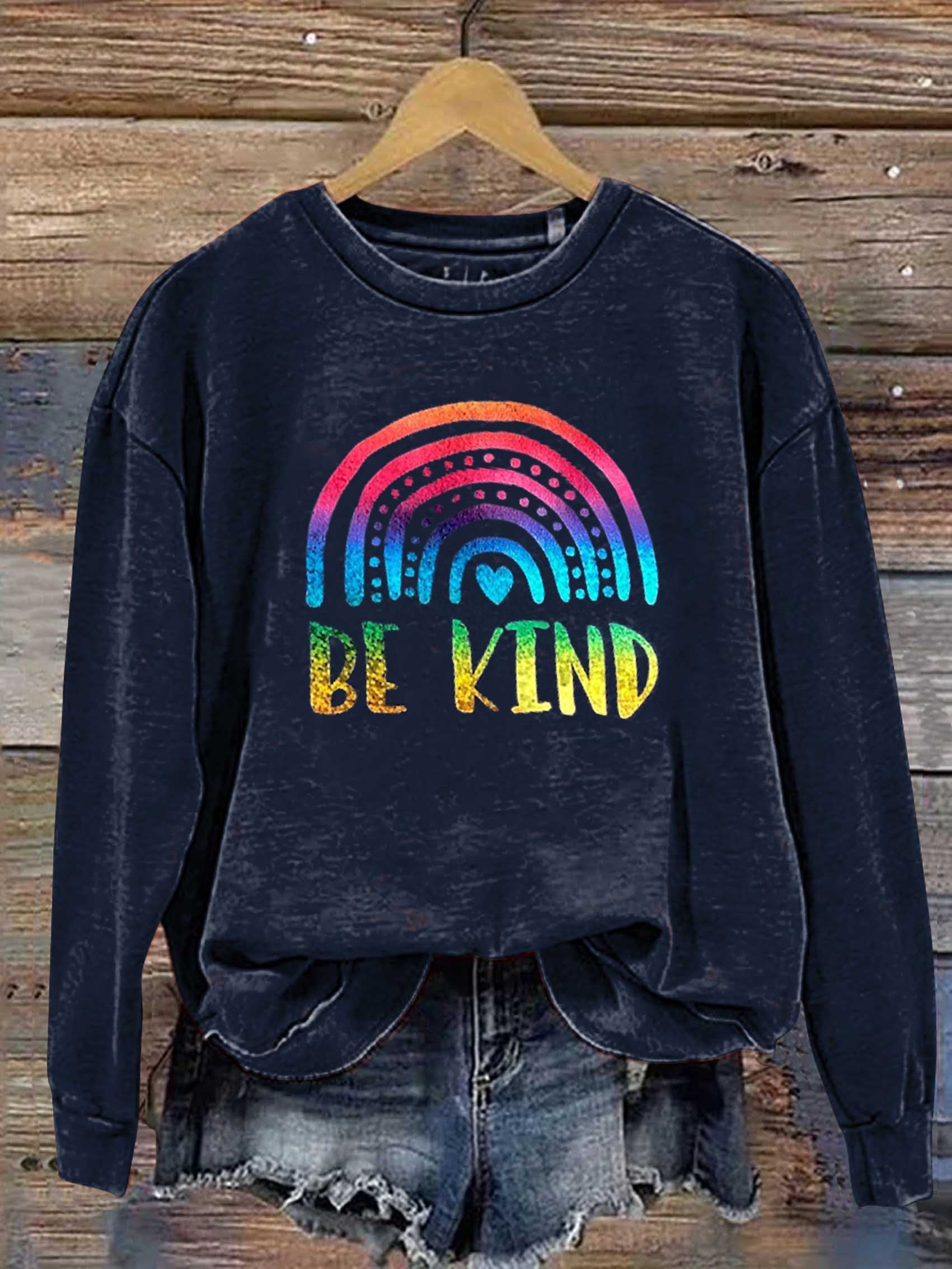 Be Kind Kindness Pride Rainbow Gradient Shiny Print Casual Sweatshirt-lovefitte