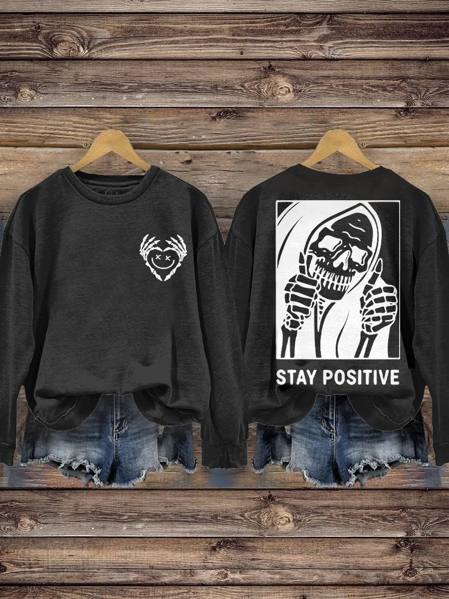Stay Positive with Skeleton Mental Health Casual Print Hoodie-lovefitte