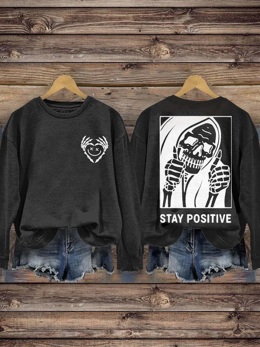 Stay Positive with Skeleton Mental Health Casual Print Hoodie-lovefitte