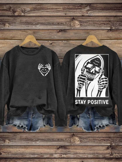 Stay Positive with Skeleton Mental Health Casual Print Hoodie-lovefitte
