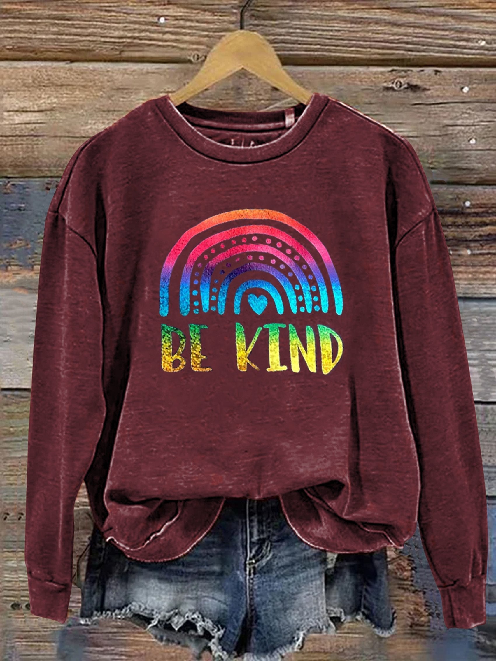 Be Kind Kindness Pride Rainbow Gradient Shiny Print Casual Sweatshirt-lovefitte