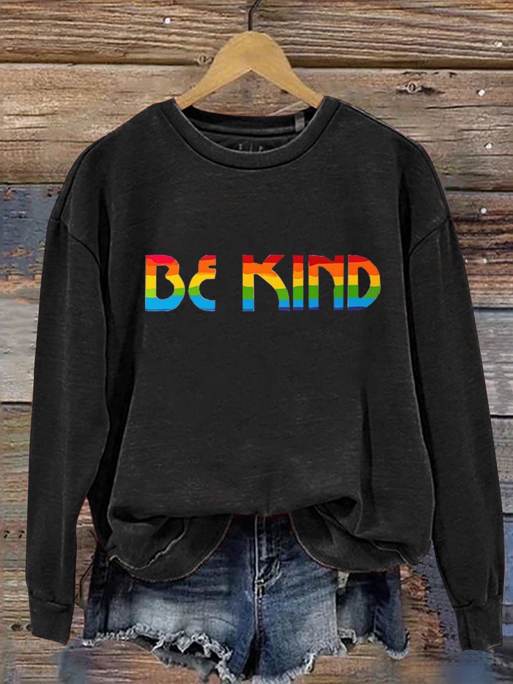 Be Kind Rainbow Print Casual Sweatshirt-lovefitte