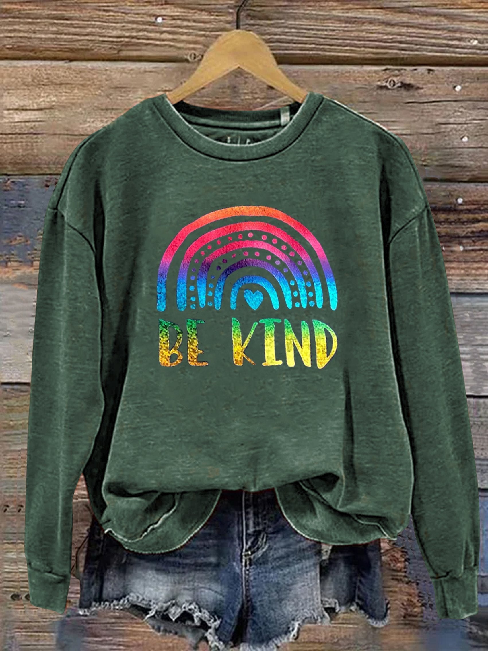 Be Kind Kindness Pride Rainbow Gradient Shiny Print Casual Sweatshirt-lovefitte
