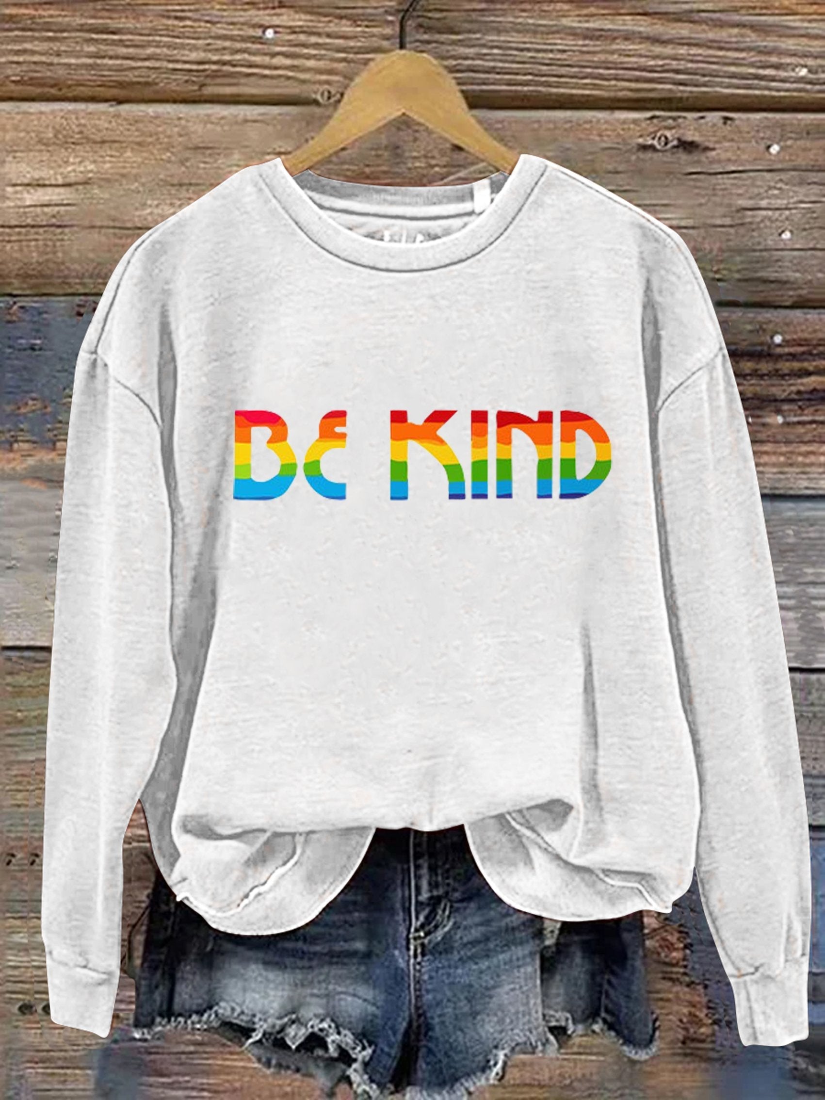Be Kind Rainbow Print Casual Sweatshirt-lovefitte