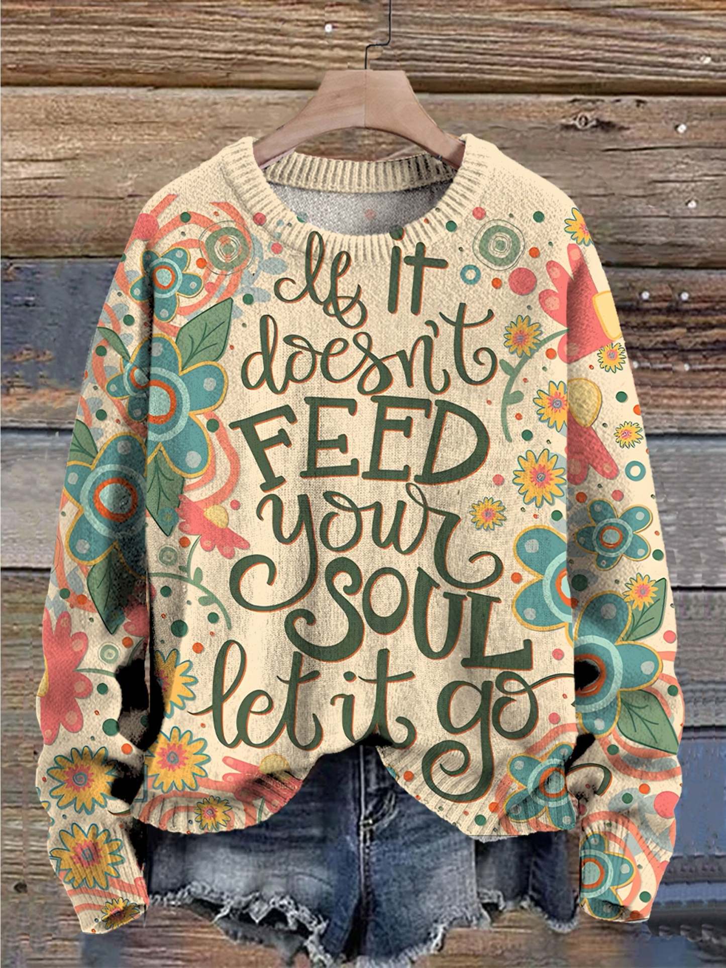 Kind Encouragement If It Doesn't Feed Your Soul Let It Go Print Casual Knit Pullover Sweater-lovefitte