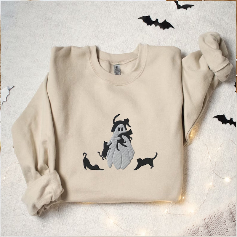 Ghost With Black Cats Embroidered Sweatshirt-carlalin
