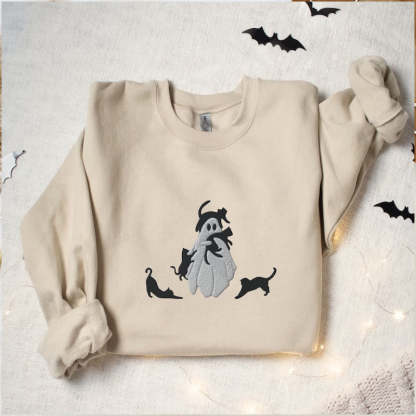 Ghost With Black Cats Embroidered Sweatshirt-carlalin
