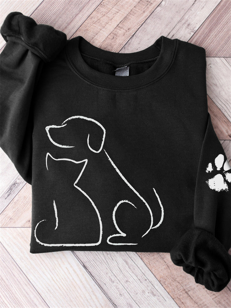 Cat & Dog Line Art Paw Print Comfy Sweatshirt-carlalin