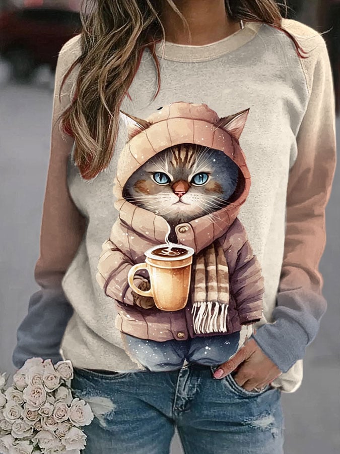 Women's Winter Funny Cute Wonderland Clothing Clipart Cat Coffee Print Sweatshirt-carlalin