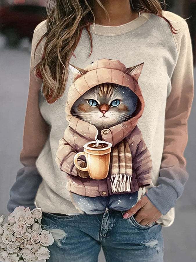 Women's Winter Funny Cute Wonderland Clothing Clipart Cat Coffee Print Sweatshirt-carlalin